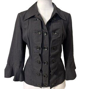 Etcetera Suit Jacket Blazer 12 Black Buttons Ruffle 3/4 Sleeve Cotton Linen